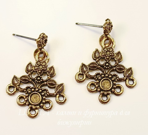 Пуссеты - гвоздики с подвеской Quest Beads "Цветы" 32х22 мм (цвет-античное золото)(без заглушек), пара