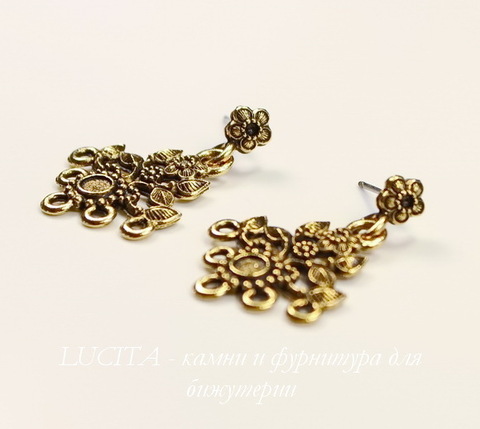Пуссеты - гвоздики с подвеской Quest Beads "Цветы" 32х22 мм (цвет-античное золото)(без заглушек), пара