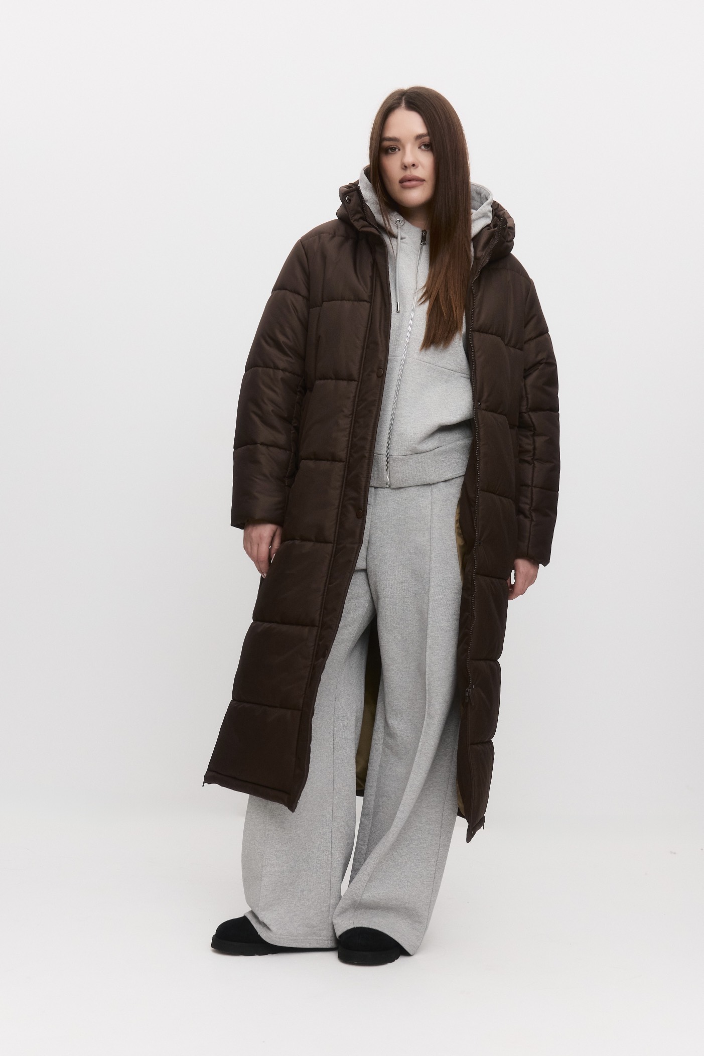 Пуховик длинный стеганый, шоколад