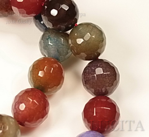 Бусина Агат "Крэкл", шарик с огранкой, "Серо-красно-коричневый микс", 10 мм, нить ()