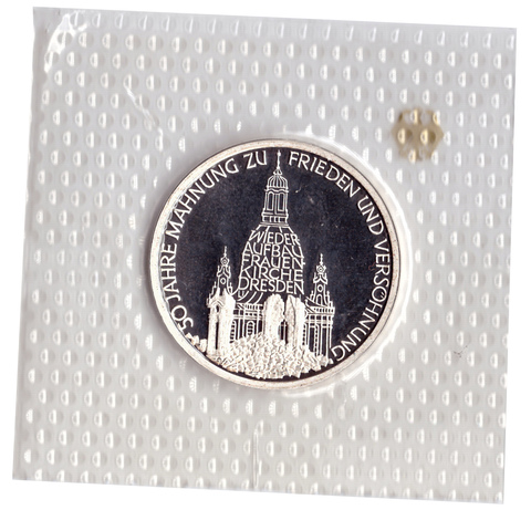 10 марок 1995 год (J) 50 лет со дня бомбардировки Дрездена (Мир и согласие), Германия. PROOF в родной запайке