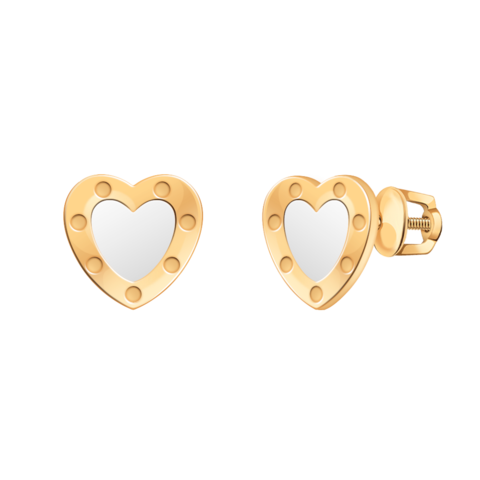21189-14-Серьги-пусеты в форме сердечек  из золота с белой эмалью