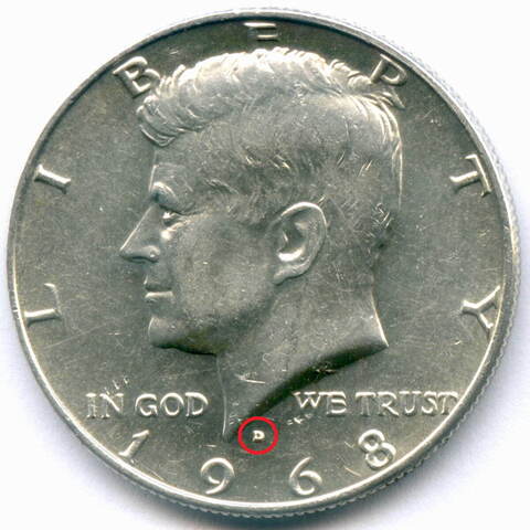1/2 доллара 1968 год (D). США. Джон Кеннеди. Серебро, диаметр 30.6 мм AUNC
