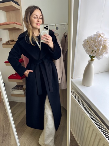 Пальто на запах утеплённое из премиальной шерсти чёрное