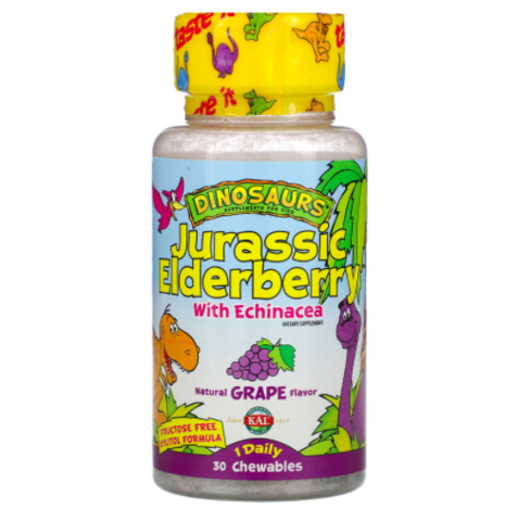 KAL, Динозавры, бузина с эхинацеей, виноградный вкус, 30 жевательных таблеток