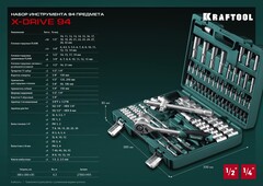 KRAFTOOL X-Drive 94, 94 предм., (1/2?+1/4?), универсальный набор инструмента (27883-H95)