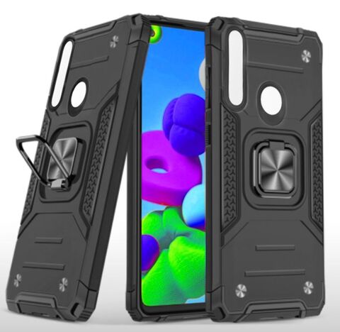 Противоударный чехол для Honor 9X / Huawei P Smart Z черный с пластиной для магнитного автодержателя и кольцом подставкой / чехол с держателем на палец на Хонор 9х / Хуавей П смарт
