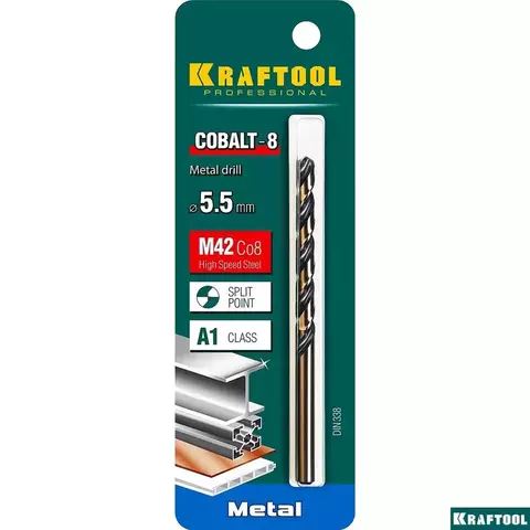 KRAFTOOL COBALT 5.5 х93мм, Сверло по металлу HSS-Co(8%) , сталь М42(S2-10-1-8)