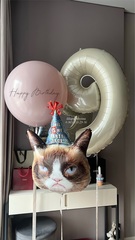 Большая цифра с сердитым котом и большим шаром с надписью