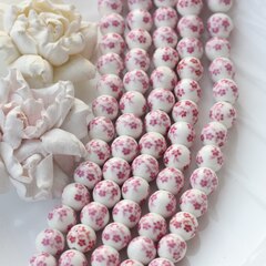 Бусина Шарик, керамика, белая с розовой росписью, 12 мм, 1 нить, К168