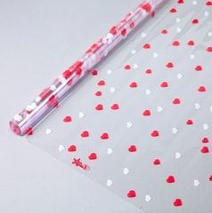 Упаковочная пленка/для цветов, Прозрачная с рисунком, Сердца красные, 