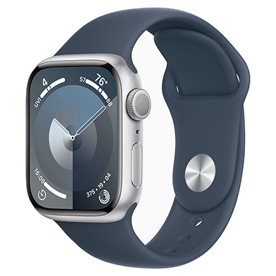 Apple Watch Series 9, GPS, 45 мм, алюминий серебристого цвета, спортивный ремешок цвета «Синий омут»