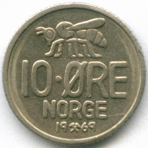 10 эре 1969 год. Норвегия (Улаф V). Пчела. Медно-никель, диаметр 15 мм. XF
