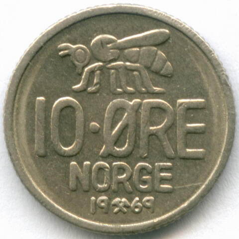 10 эре 1969 год. Норвегия (Улаф V). Пчела. Медно-никель, диаметр 15 мм. XF