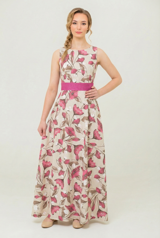 Женское платье макси с цветочным принтом и акцентом на талии