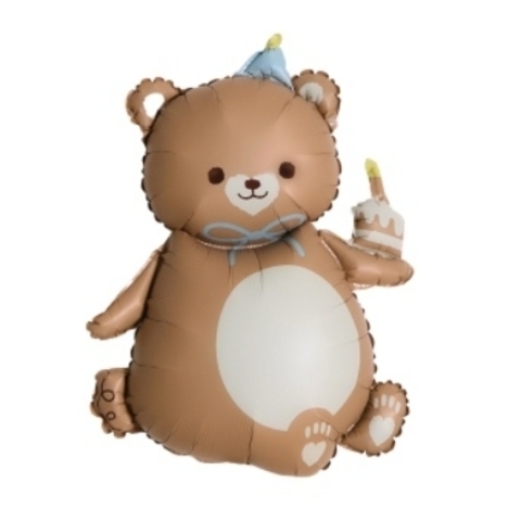 Шар фигура мишка с тортиком, коричневый, сатин, 99 см