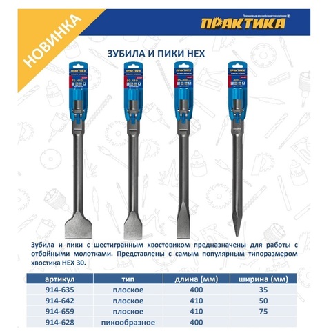 Зубило HEX плоское ПРАКТИКА 30x400x35mm  серия Эксперт (914-635)