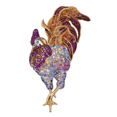Брошь Петух с Цветными Сапфирами и Бриллиантами, Brs0173-0/6
