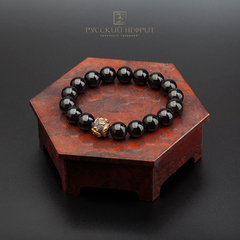 Браслет "Дракон" позолоченный. Чёрный нефрит. 12мм.