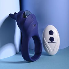 Синее эрекционное виброкольцо с клиторальной подушечкой и пультом ДУ Adjustable Fun Ring - 