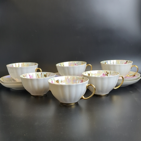 Чайные пары набор из 6 штук костяной фарфор, из сервиза "Розовая сирень" Дулево ФЗ, роспись, золочение, люстр, винтаж СССР 1988 год