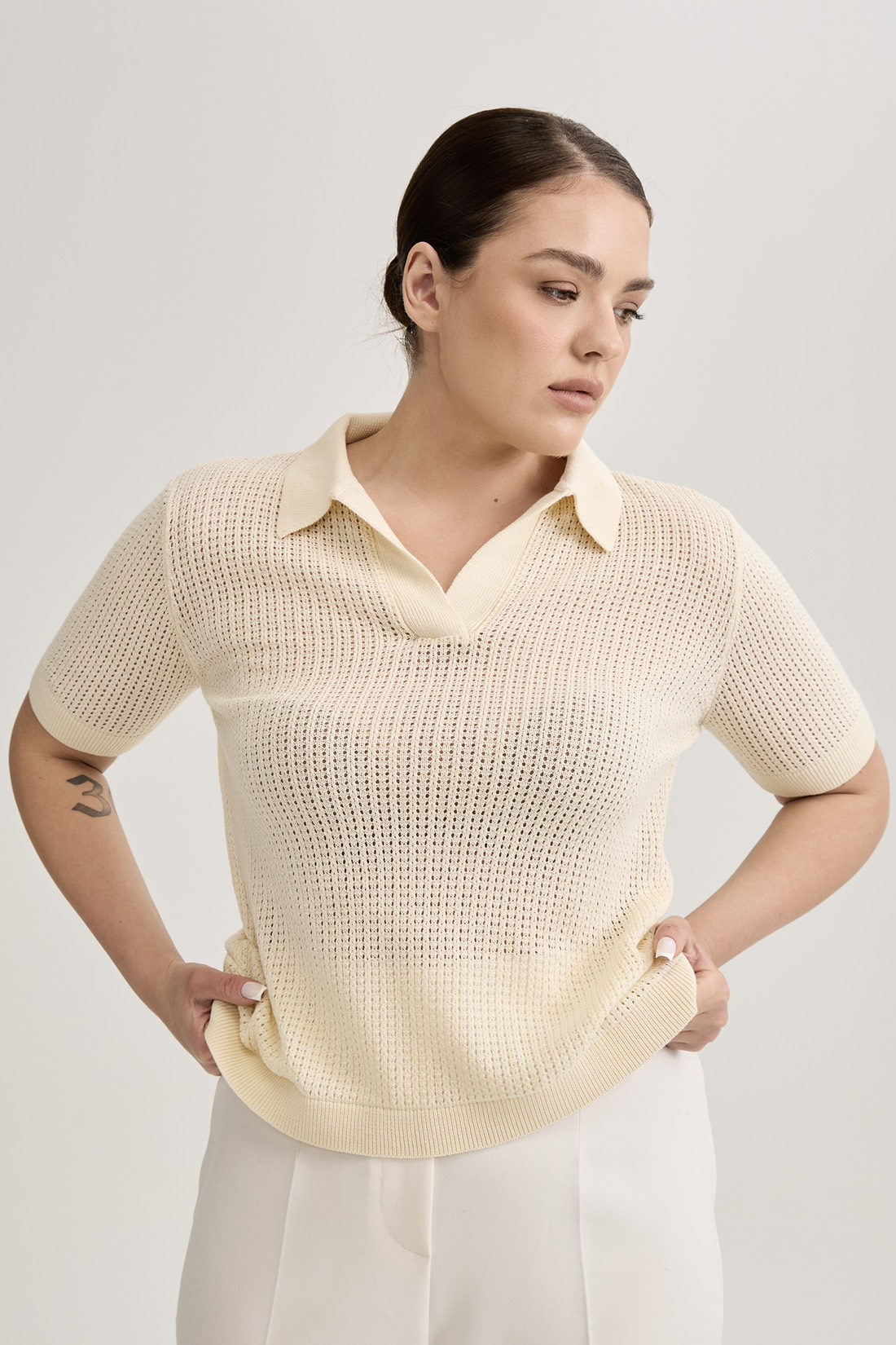 Поло вязаное ажурное, сливочный