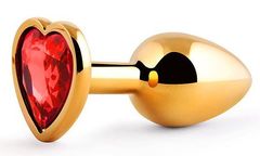 Золотистая анальная пробка с красным стразом-сердечком - 7 см. - 