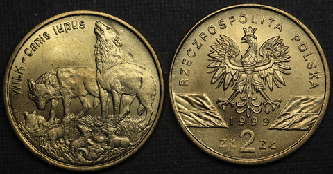 Жетон 2 злотых 1999 года Польша Всемирная природа - Волк (Canis lupus) Волчица и волчата копия монеты Копия
