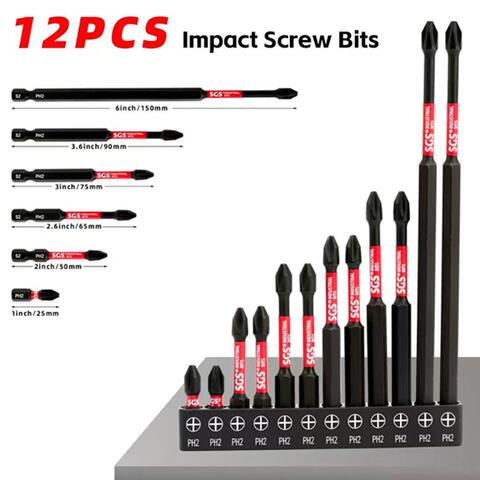 Набор бит SGS PH2 25/50/65/75/90/150мм S2 12шт IMPACT SGS63-PH2
