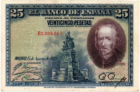Банкнота Испания 25 песет 1928 год - Педро Кальдерон де ла Барка