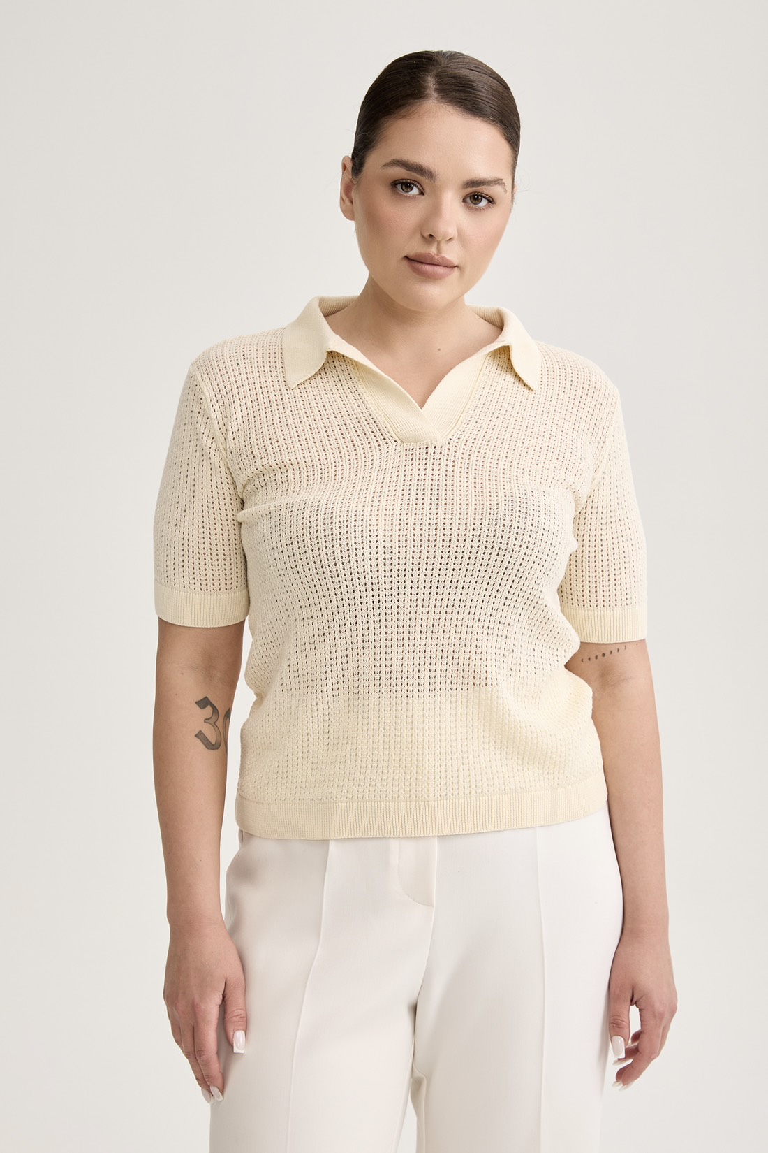 Поло вязаное ажурное, сливочный