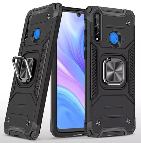 Противоударный чехол для Huawei P30 Lite черный с пластиной для магнитного автодержателя и кольцом подставкой, чехол на Хуавей П30 Лайт