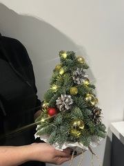 Елочная композиция  h25 см - в красно-золотых оттенках с гирляндой