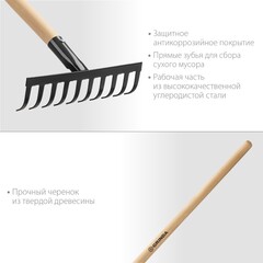 GRINDA GT-10 WOOD, 260 х 80 х 1300 мм, 10 прямых зубцов, углерод. сталь, антикор. покрытие, черенок дерев. высш. сорт, садовые грабли (39583-10)