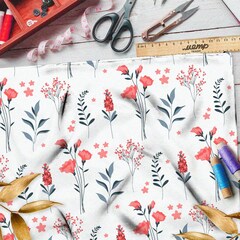 Ткань флис коралловые цветы и листья на белом фоне