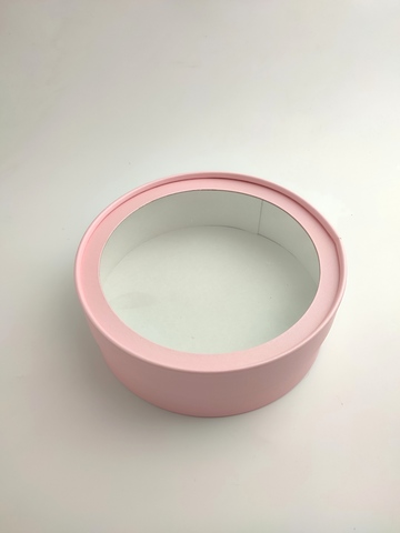Коробка круглая с окном розовая перламутр 18х6 см