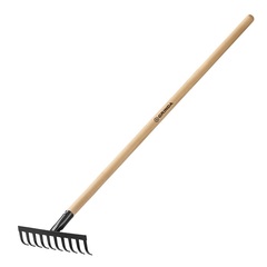 GRINDA GT-10 WOOD, 260 х 80 х 1300 мм, 10 прямых зубцов, углерод. сталь, антикор. покрытие, черенок дерев. высш. сорт, садовые грабли (39583-10)