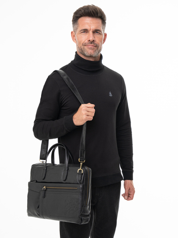 Кожаный портфель универсальный, компактный чёрного цвета