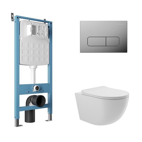 Aqueduto AQDS114 AQD комплект: TECNICA Novo Система инсталляции для подвесного унитаза, FORMA Панель смыва, хром, OVO Унитаз подвесной 525*360 безободковый, сиденье с микролифтом, белый глянцевый
