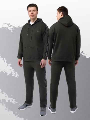 Худи цвета хаки с лампасами, без логотипа. Плотный футер