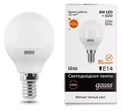 Лампа Gauss LED Elementary Шар 6W E14 420lm 2700K 53116