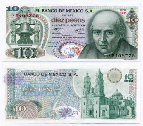 Банкнота Мексика 10 песо 1977 год 1EP P5198776. UNC