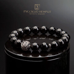 Браслет "Православный". Чёрный нефрит . Бусины 12мм.