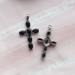 УЦЕНКА!!! Подвеска Крестик с чёрными фианитами 34*23 мм, родий, У091