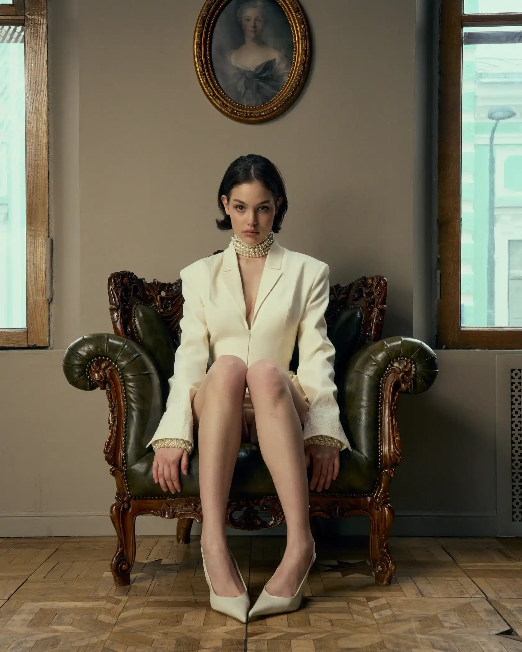 Платье-жакет с драпировкой, Белый