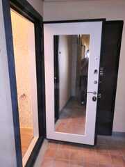 Входная металлическая дверь Бункер БН-14 Американский орех зеркальная вставка в рамке ФЛЗ-603 Белое дерево (текстура дерева)