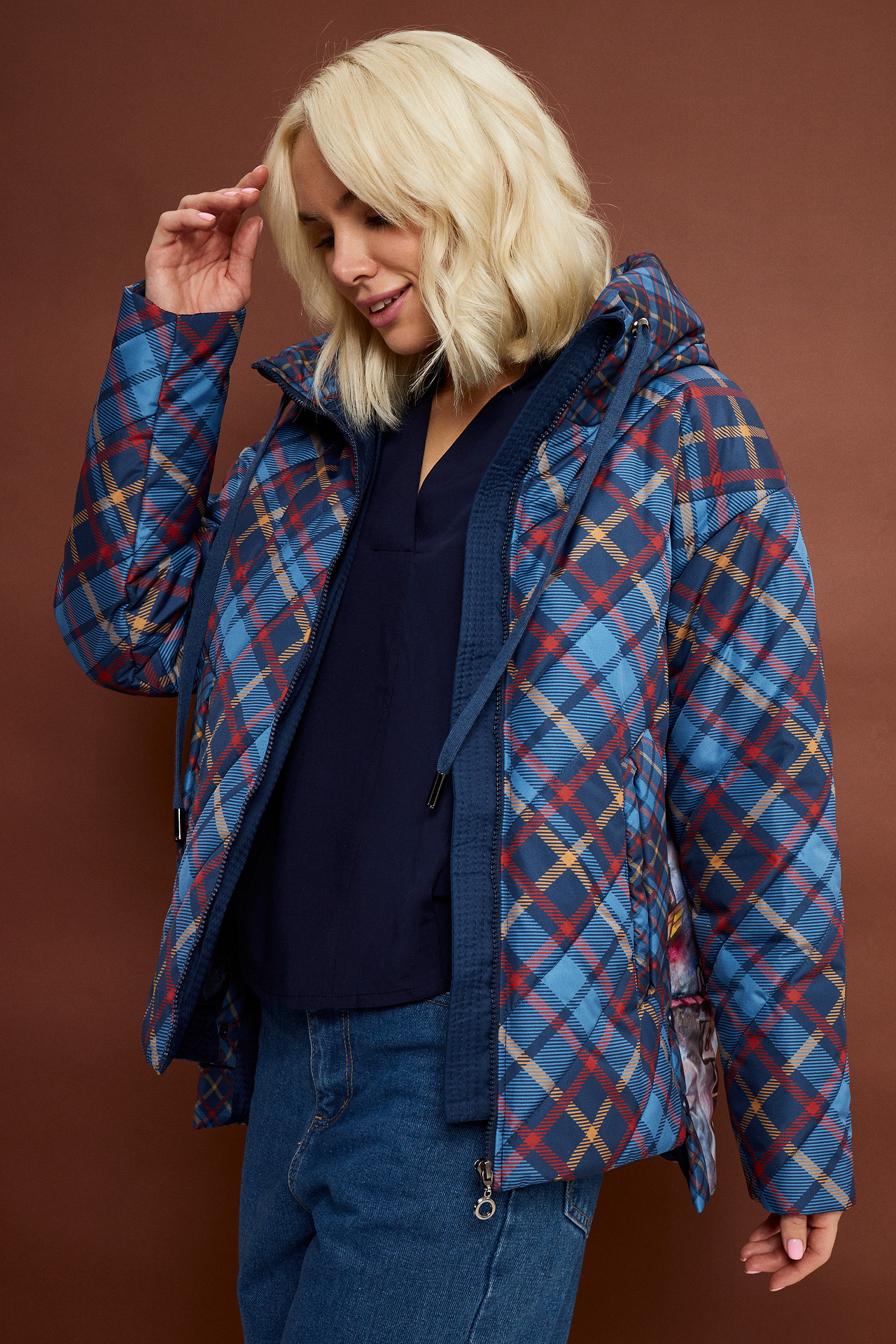 Blue plaid puffer jacket new arrivals