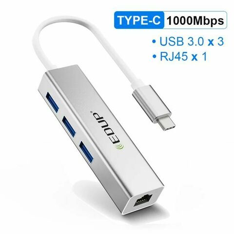 USB-хаб EDUP EP-9606 Type-C/3-порта USB3.0  /  RJ45 Gigabit Ethernet Adapter  (Концентратор 1000 Мбит  до Для Ноутбука Компьютера)