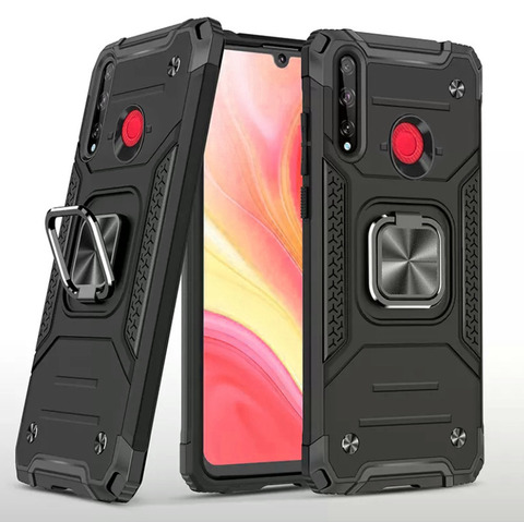 Противоударный чехол для Huawei Y6р черный с пластиной для магнитного автодержателя и кольцом подставкой