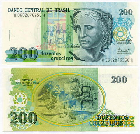 Банкнота Бразилия 200 крузейро 1990 год A 0632076250 A. UNC